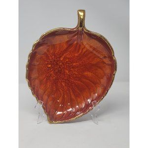 Ceramic Dish Orange‎ Leaf Shaped With Gold Trim Fall Colors